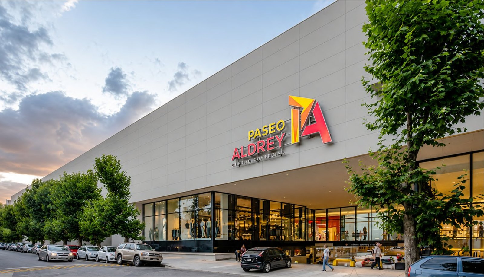 Fachada del centro comercial Paseo Aldrey con arbolado urbano, mantenimiento de espacios verdes por Paisajismo 212 en Mar del Plata