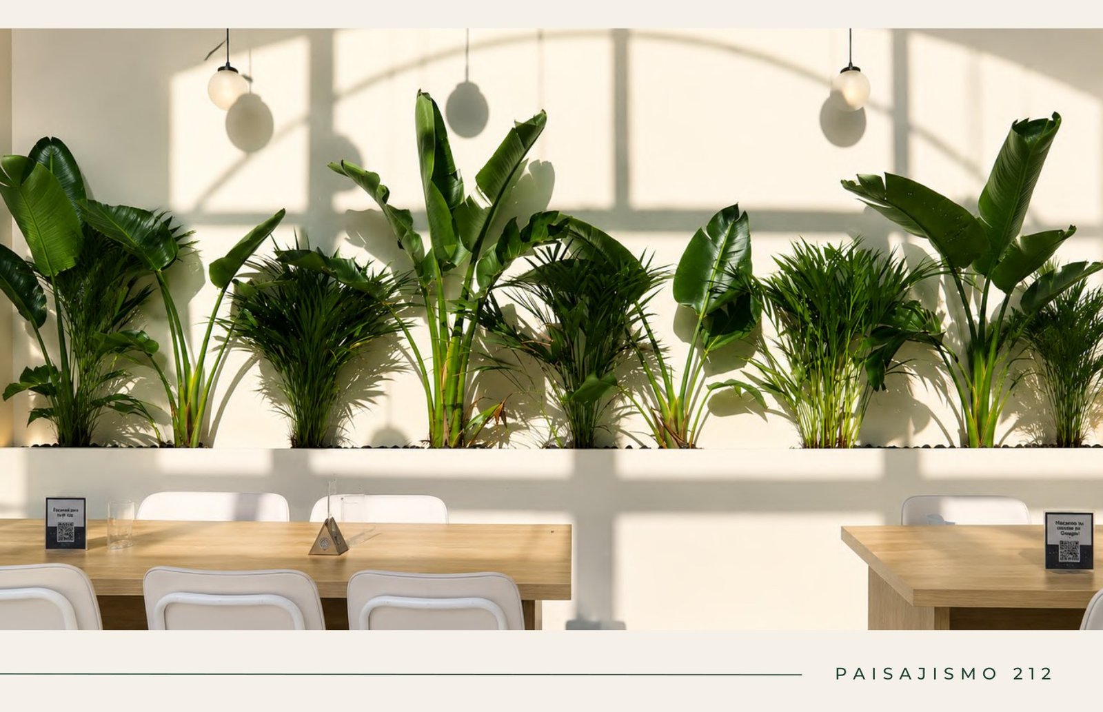 Fila de plantas tropicales sobre ventanal en el café Green Mug, proyecto integral de paisajismo en Mar del Plata